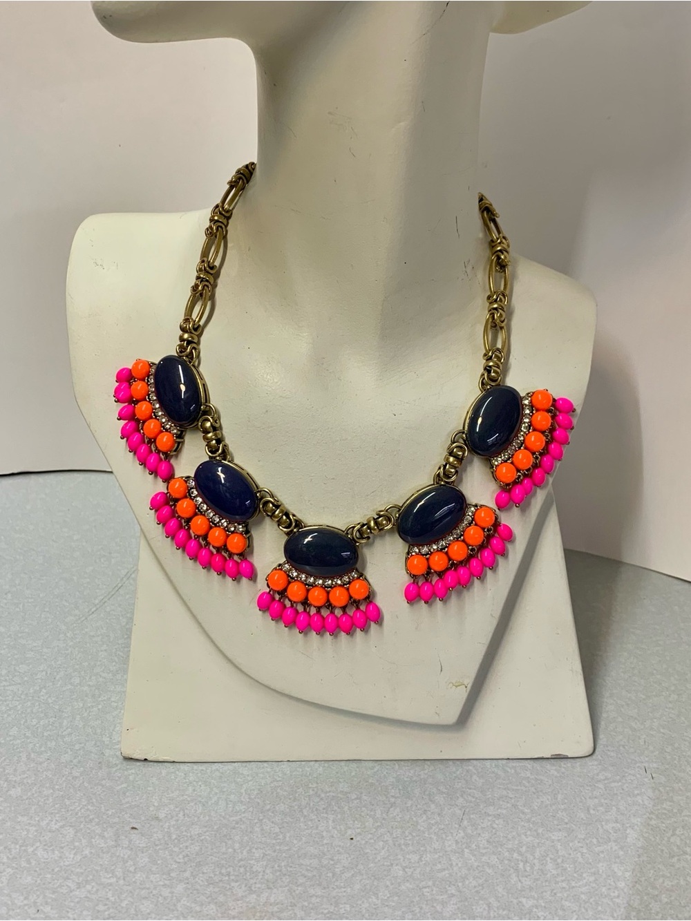 J. Crew Vintage Fan Fringe Statement Necklace Neon Pink Orange Navy Blue 20"